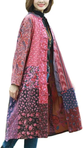 NFYM Women's Trench Coat Long Cotton Linen Floral Print Jacket Cottagecore Clothing Patchwork Outwear Each Piece Unique