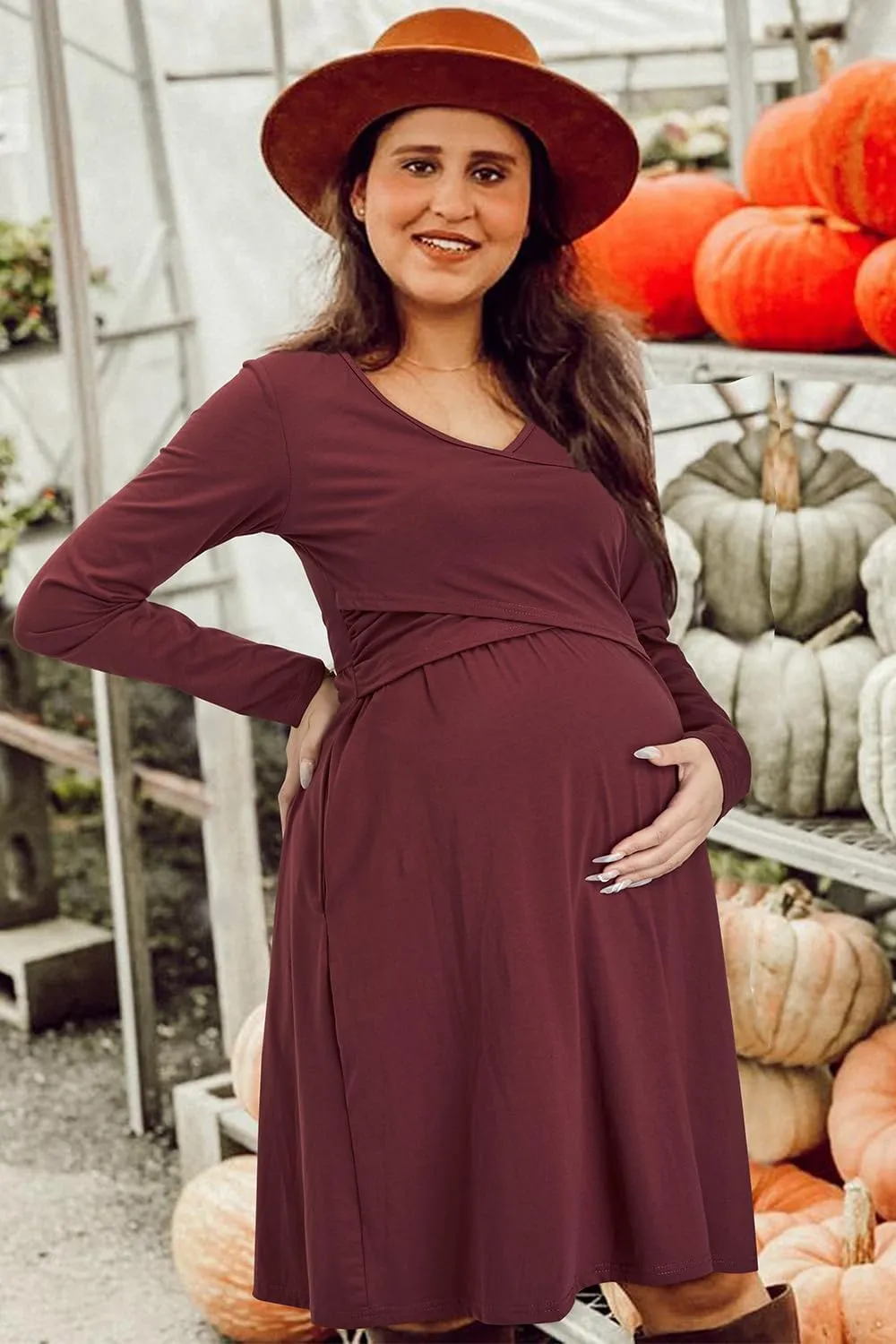 OUGES Womens 2025 V-Neck Maternity Dresses Nursing Breastfeeding Baby Shower Dress