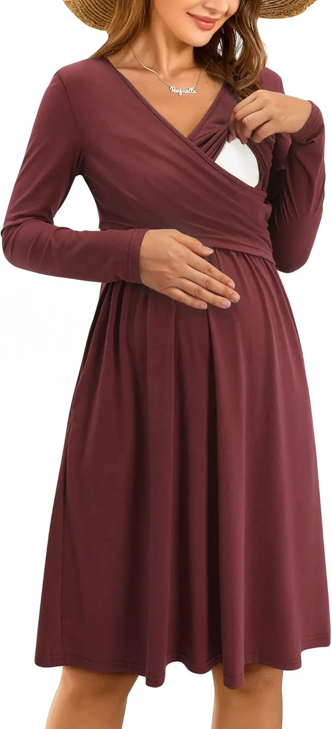 OUGES Womens 2025 V-Neck Maternity Dresses Nursing Breastfeeding Baby Shower Dress