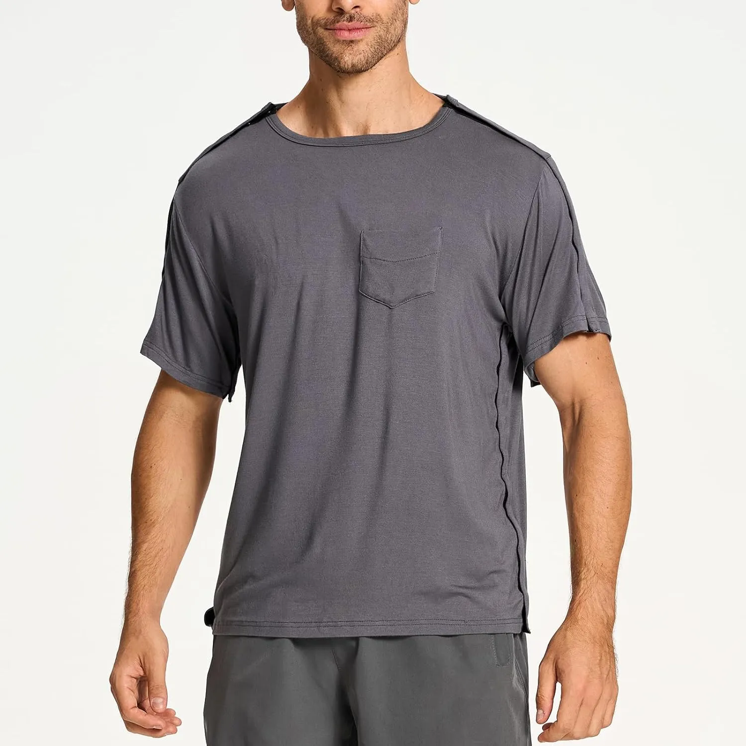 Post Shoulder Surgery Shirts, Men's Short Sleeve Shirt with Premium Snap, Chemo Clothing, Rotator Cuff Clothing After Surgery