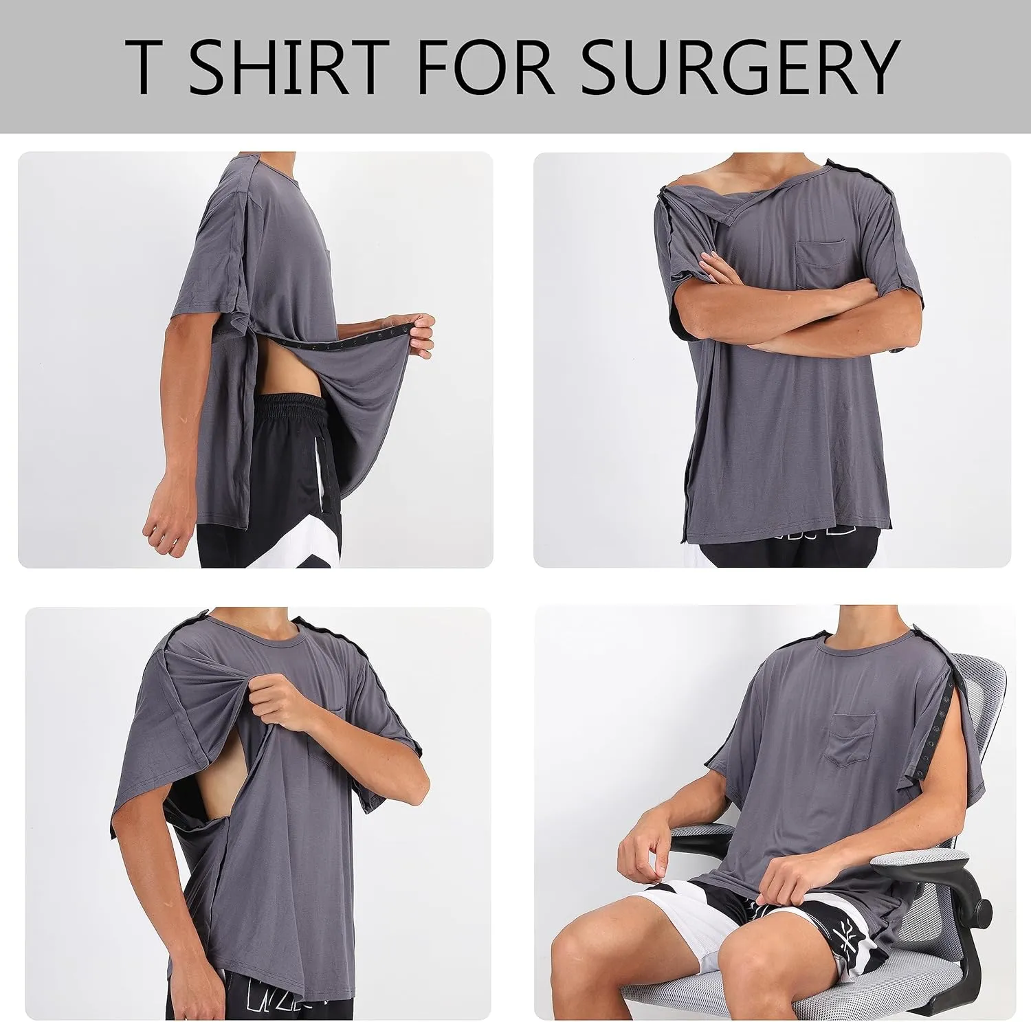 Post Shoulder Surgery Shirts, Men's Short Sleeve Shirt with Premium Snap, Chemo Clothing, Rotator Cuff Clothing After Surgery