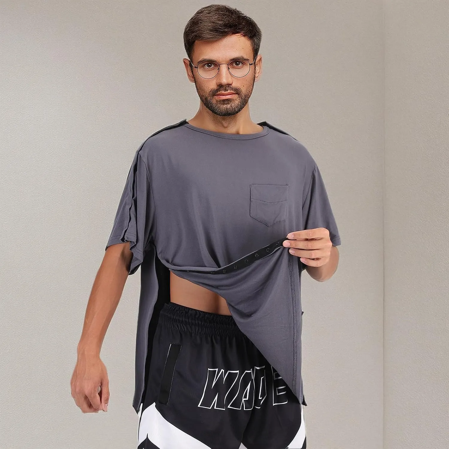 Post Shoulder Surgery Shirts, Men's Short Sleeve Shirt with Premium Snap, Chemo Clothing, Rotator Cuff Clothing After Surgery