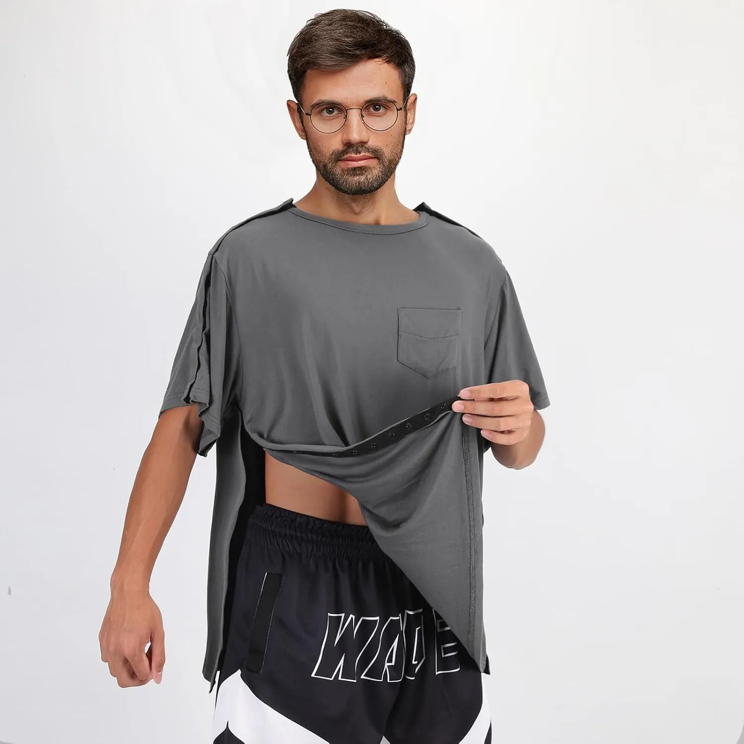 Post Shoulder Surgery Shirts, Men's Short Sleeve Shirt with Premium Snap, Chemo Clothing, Rotator Cuff Clothing After Surgery