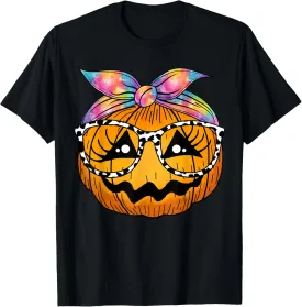 Pumpkin Face Tie Dye Leopard Glasses Halloween Costume Kids T-Shirt
