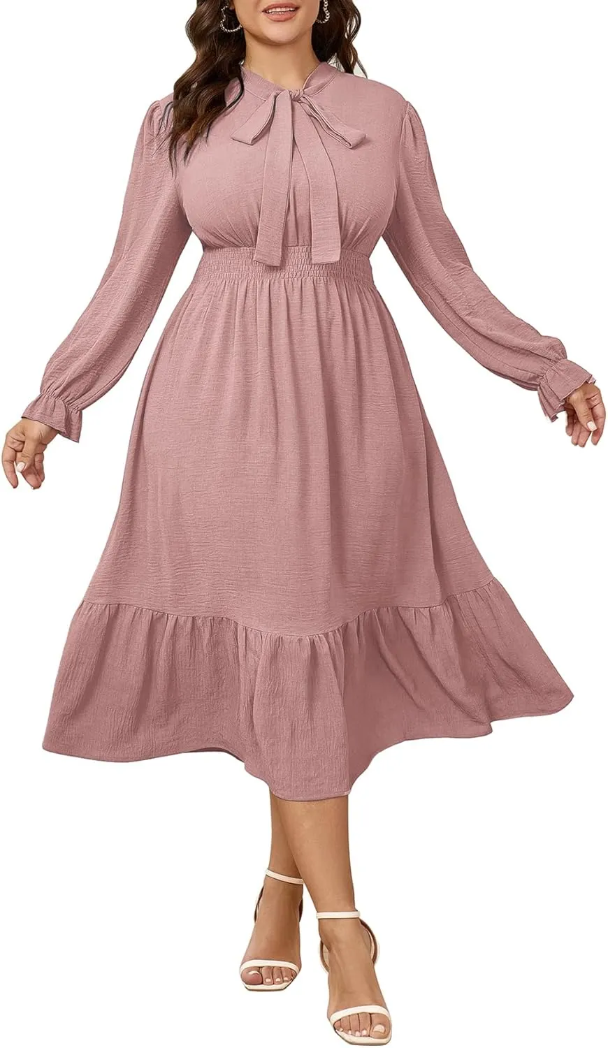 SCOMCHIC Womens Plus Size Midi Dress Flowy A Line Bow Tie Swing Dress Formal Work Party Cocktail Dresses for Wedding Guest
