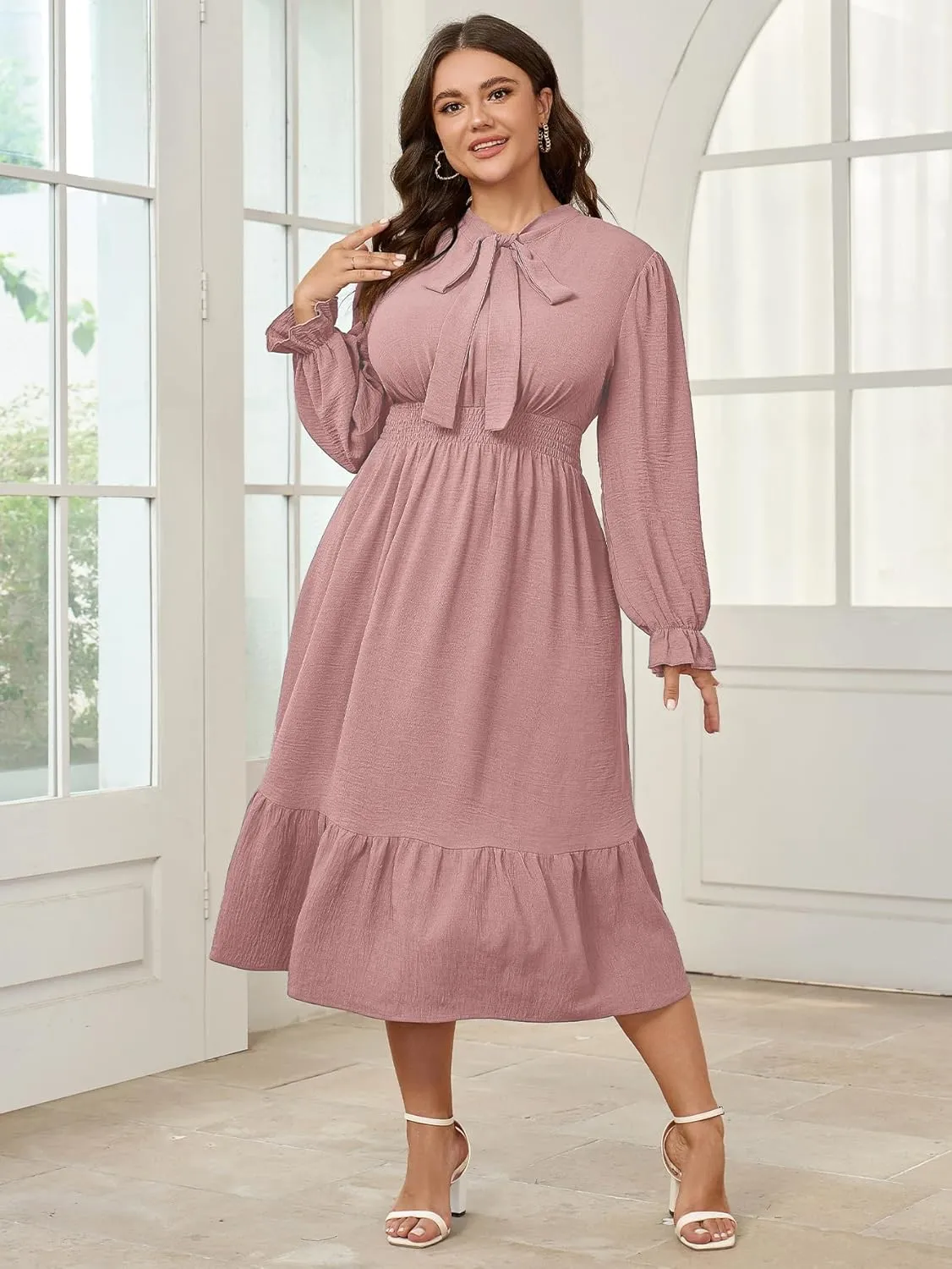 SCOMCHIC Womens Plus Size Midi Dress Flowy A Line Bow Tie Swing Dress Formal Work Party Cocktail Dresses for Wedding Guest
