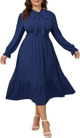 SCOMCHIC Womens Plus Size Midi Dress Flowy A Line Bow Tie Swing Dress Formal Work Party Cocktail Dresses for Wedding Guest