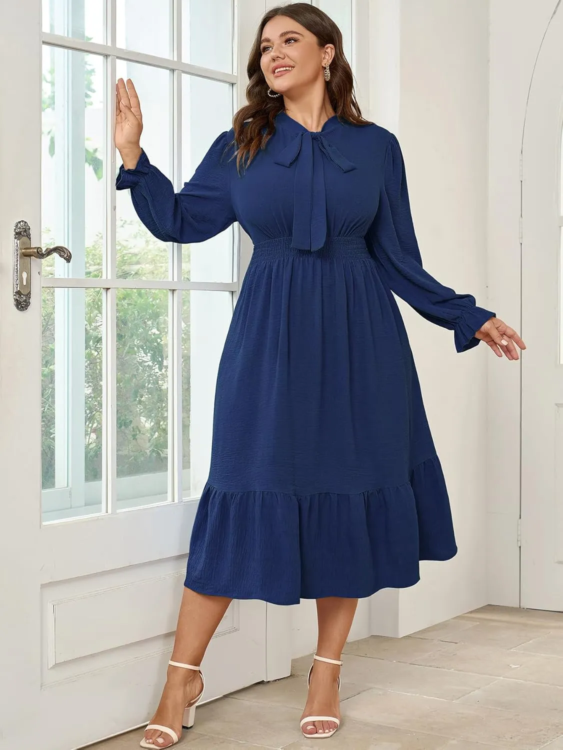 SCOMCHIC Womens Plus Size Midi Dress Flowy A Line Bow Tie Swing Dress Formal Work Party Cocktail Dresses for Wedding Guest