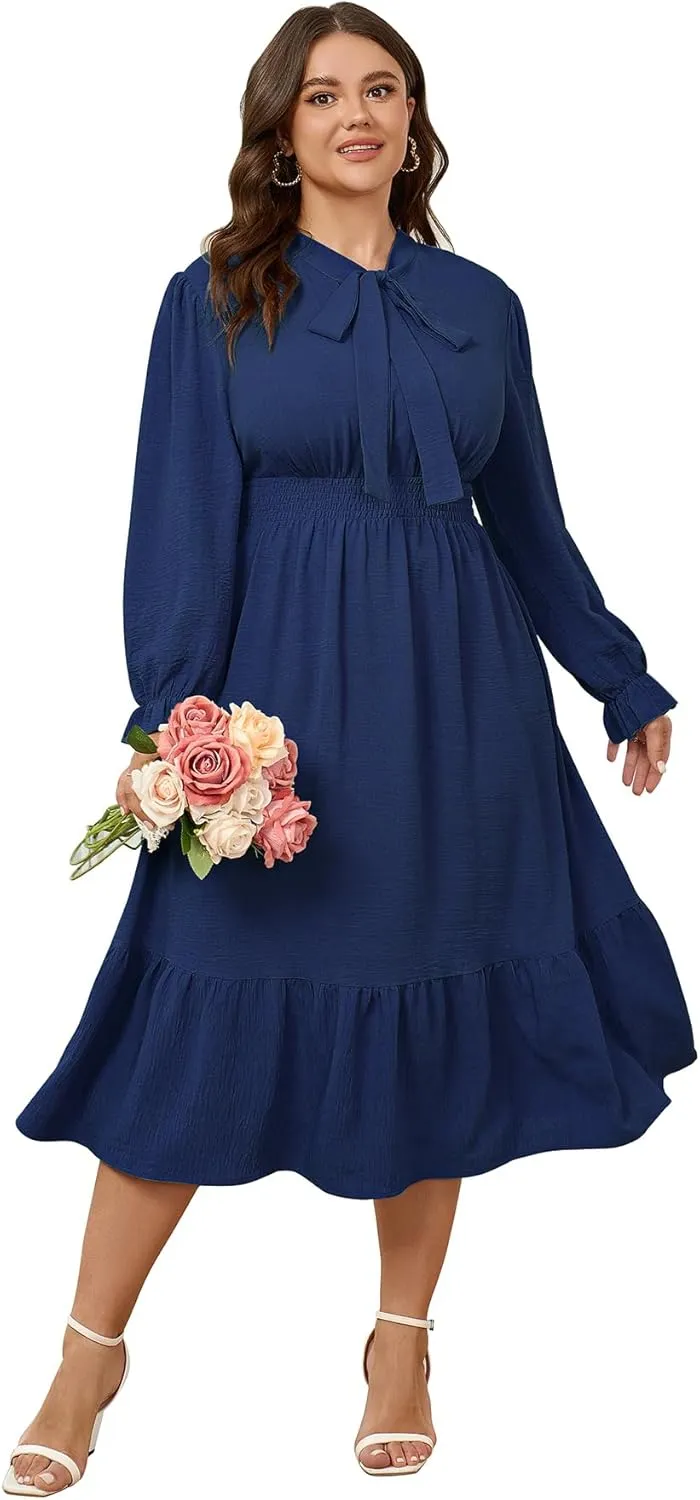 SCOMCHIC Womens Plus Size Midi Dress Flowy A Line Bow Tie Swing Dress Formal Work Party Cocktail Dresses for Wedding Guest