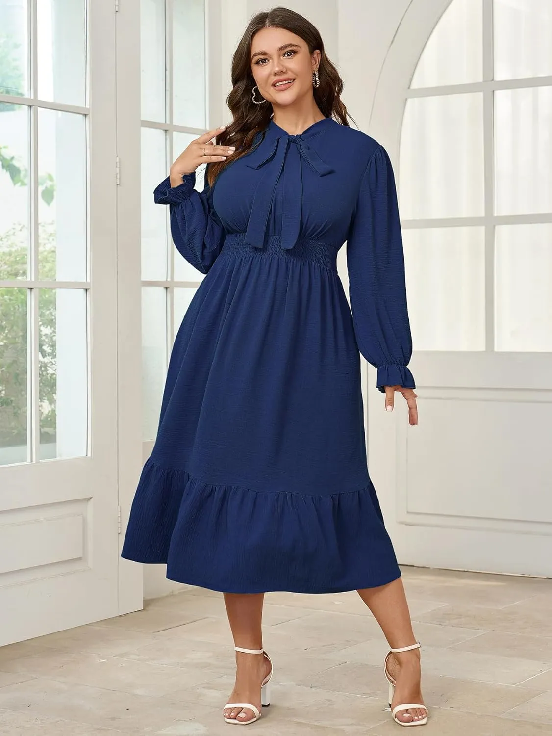 SCOMCHIC Womens Plus Size Midi Dress Flowy A Line Bow Tie Swing Dress Formal Work Party Cocktail Dresses for Wedding Guest