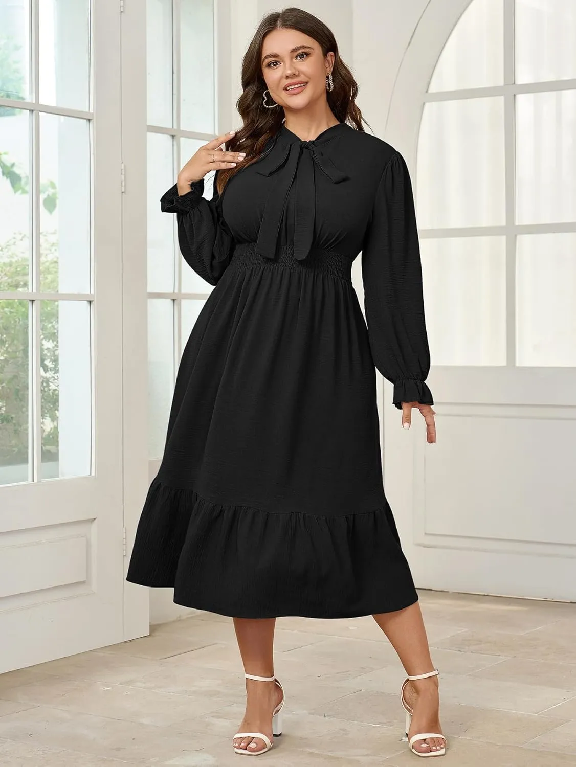 SCOMCHIC Womens Plus Size Midi Dress Flowy A Line Bow Tie Swing Dress Formal Work Party Cocktail Dresses for Wedding Guest