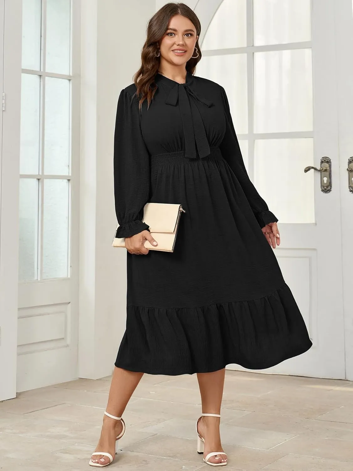 SCOMCHIC Womens Plus Size Midi Dress Flowy A Line Bow Tie Swing Dress Formal Work Party Cocktail Dresses for Wedding Guest