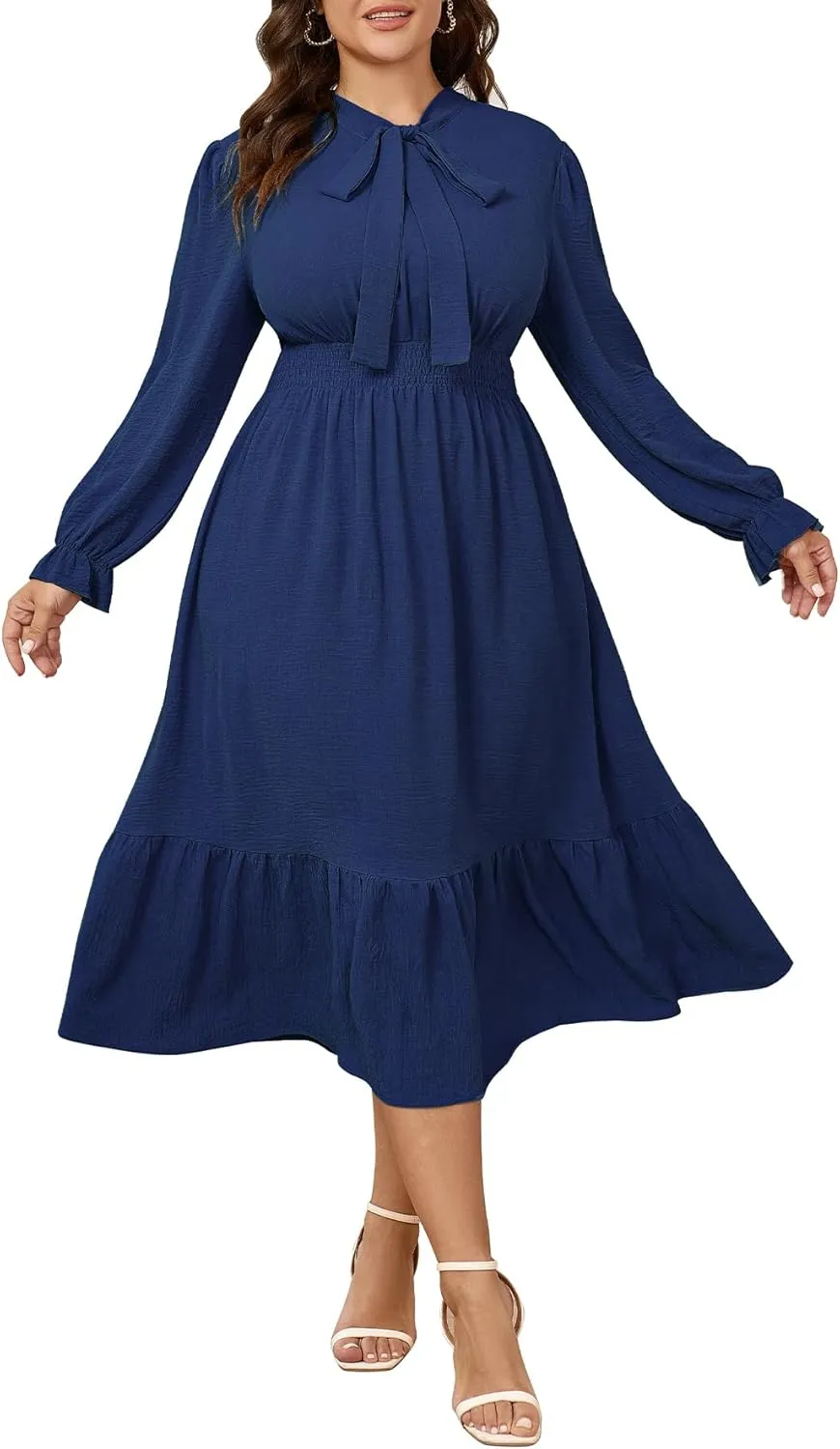 SCOMCHIC Womens Plus Size Midi Dress Flowy A Line Bow Tie Swing Dress Formal Work Party Cocktail Dresses for Wedding Guest