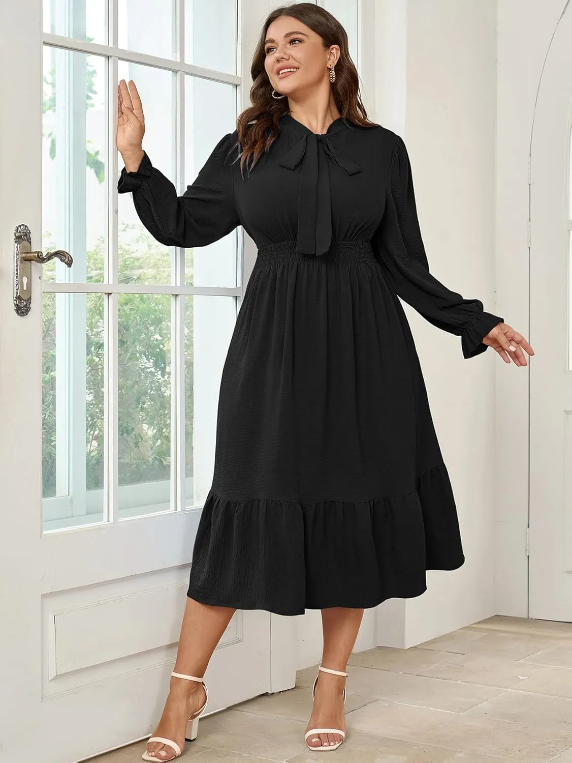 SCOMCHIC Womens Plus Size Midi Dress Flowy A Line Bow Tie Swing Dress Formal Work Party Cocktail Dresses for Wedding Guest