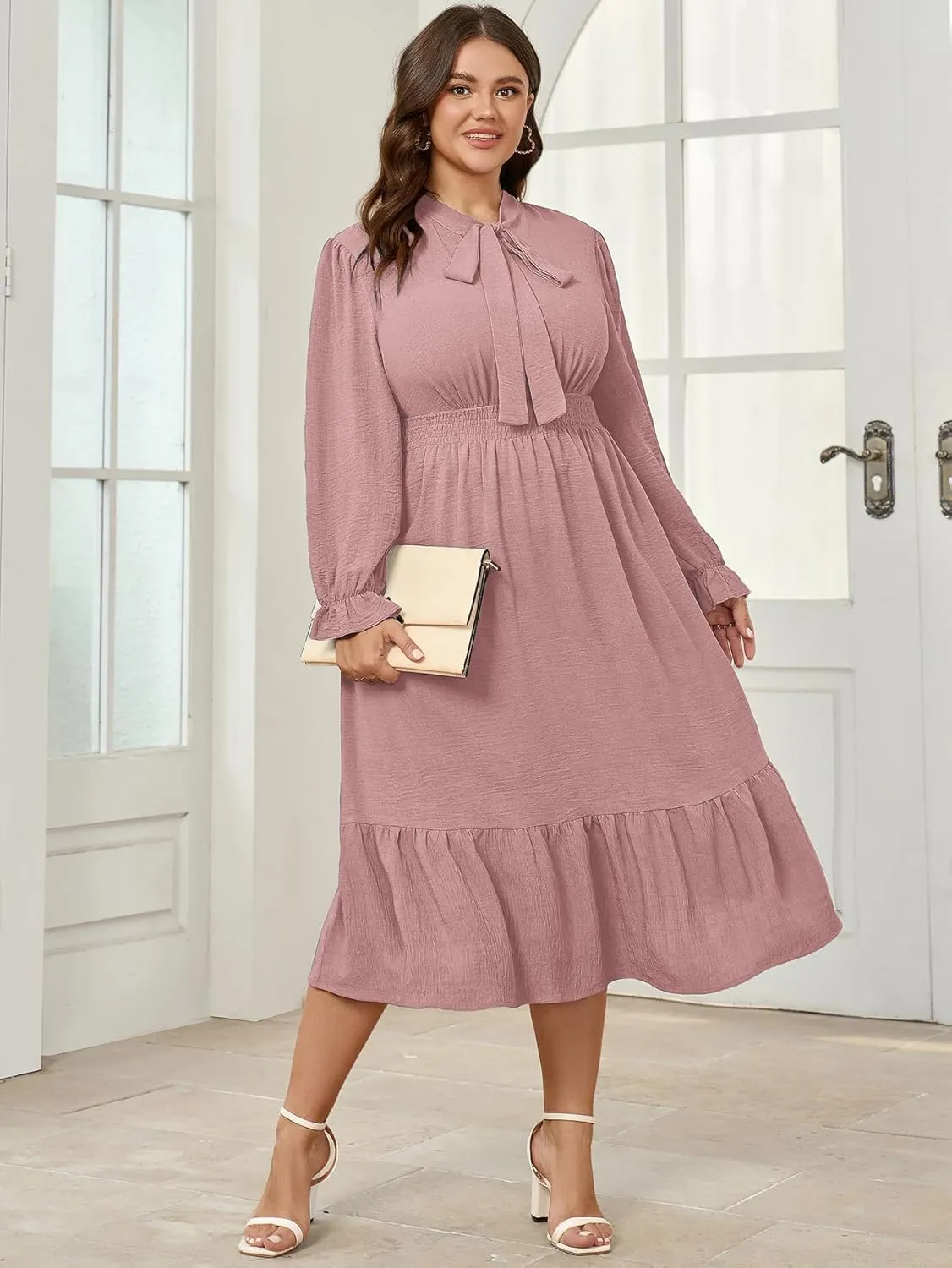 SCOMCHIC Womens Plus Size Midi Dress Flowy A Line Bow Tie Swing Dress Formal Work Party Cocktail Dresses for Wedding Guest