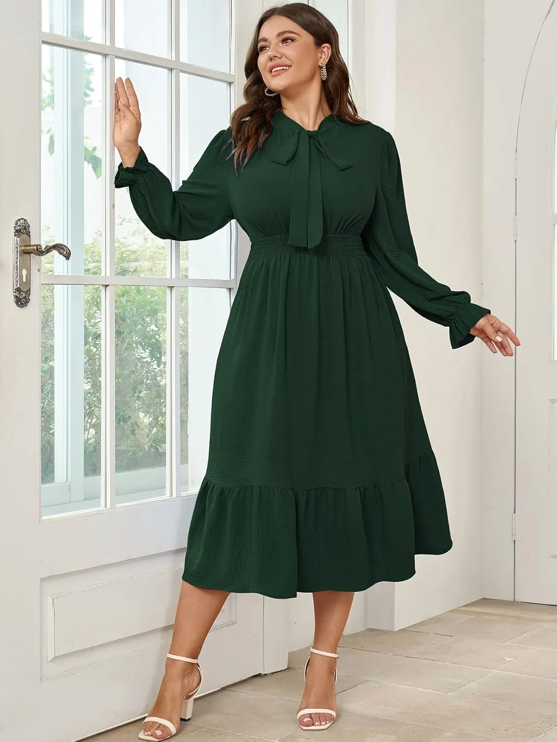 SCOMCHIC Womens Plus Size Midi Dress Flowy A Line Bow Tie Swing Dress Formal Work Party Cocktail Dresses for Wedding Guest