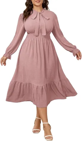 SCOMCHIC Womens Plus Size Midi Dress Flowy A Line Bow Tie Swing Dress Formal Work Party Cocktail Dresses for Wedding Guest