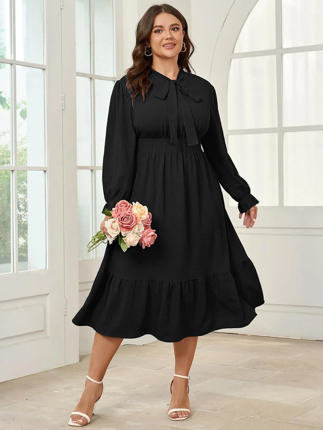 SCOMCHIC Womens Plus Size Midi Dress Flowy A Line Bow Tie Swing Dress Formal Work Party Cocktail Dresses for Wedding Guest