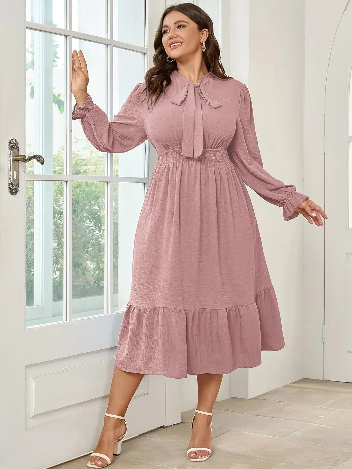 SCOMCHIC Womens Plus Size Midi Dress Flowy A Line Bow Tie Swing Dress Formal Work Party Cocktail Dresses for Wedding Guest