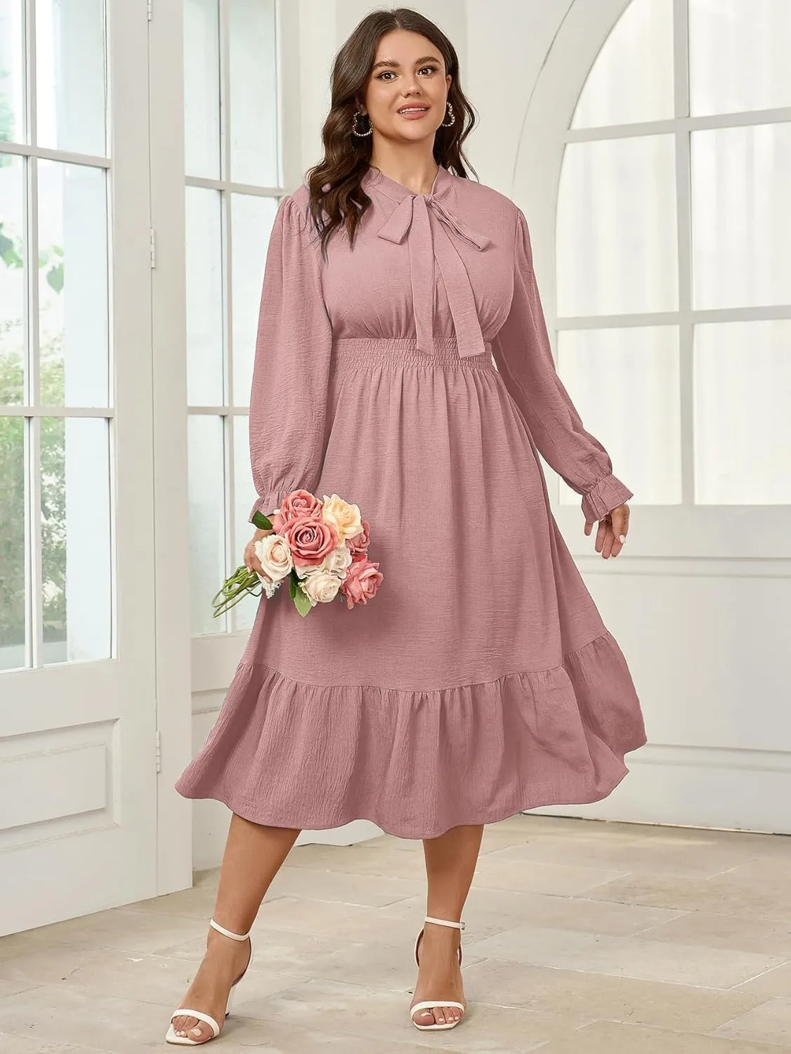 SCOMCHIC Womens Plus Size Midi Dress Flowy A Line Bow Tie Swing Dress Formal Work Party Cocktail Dresses for Wedding Guest