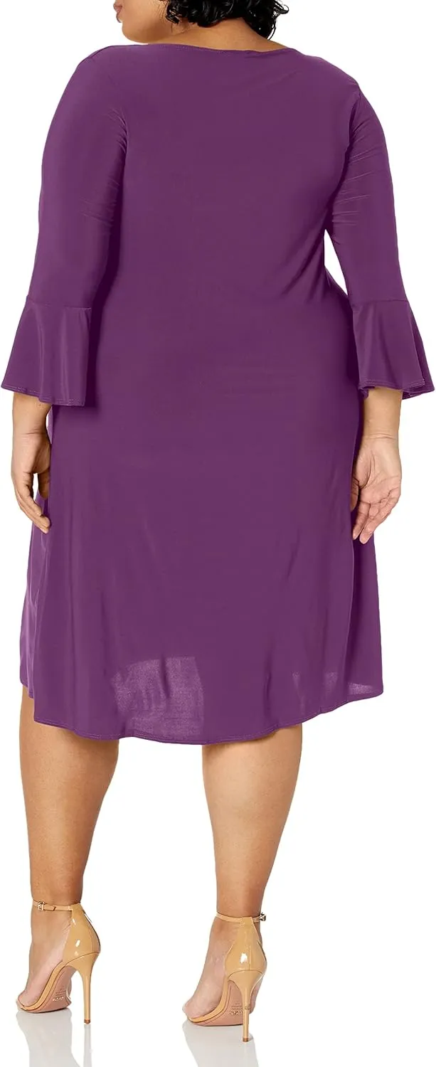 Star Vixen Women's Plus-Size Modest Soft Knit Bell-Sleeve Midi-Length Dress
