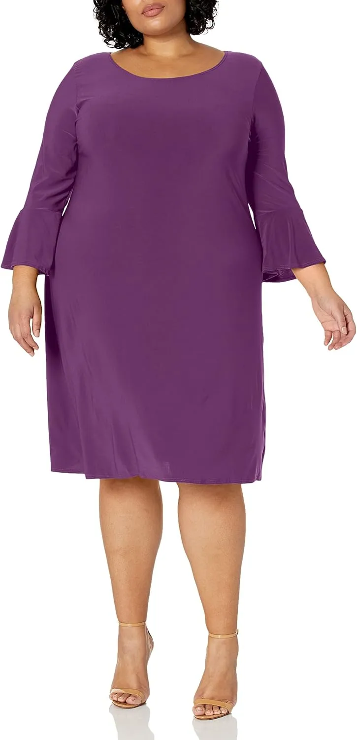 Star Vixen Women's Plus-Size Modest Soft Knit Bell-Sleeve Midi-Length Dress