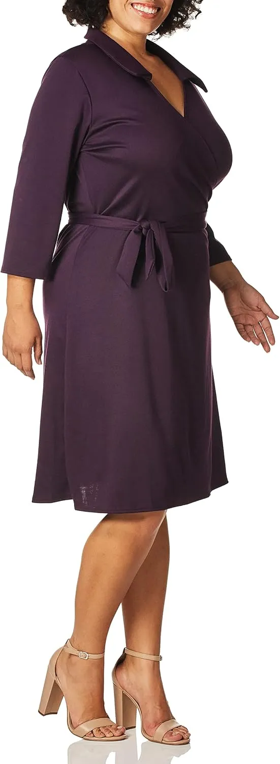 Star Vixen Women's Three-Quarter Sleeve Faux-Wrap Dress with Collar