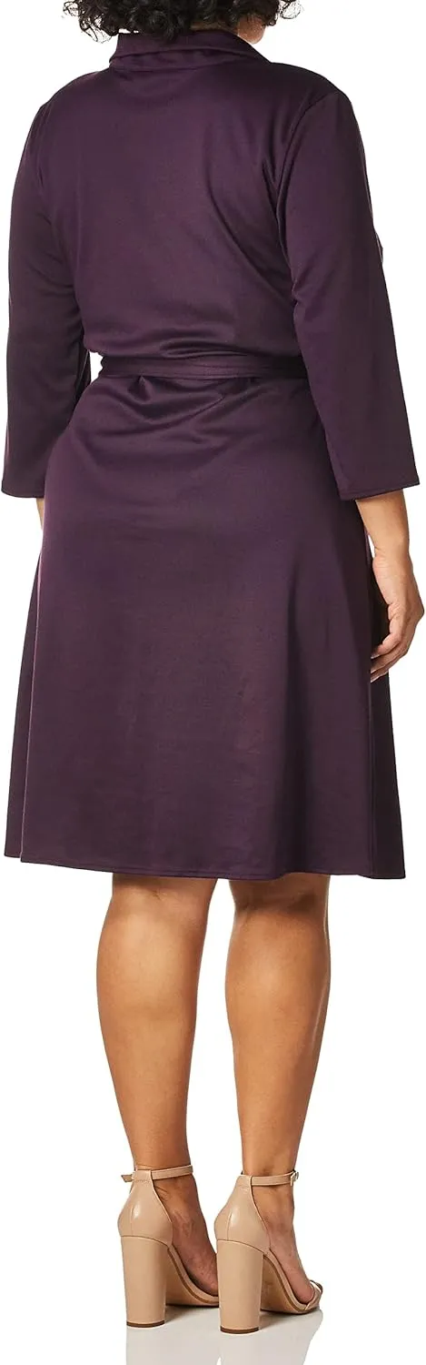 Star Vixen Women's Three-Quarter Sleeve Faux-Wrap Dress with Collar