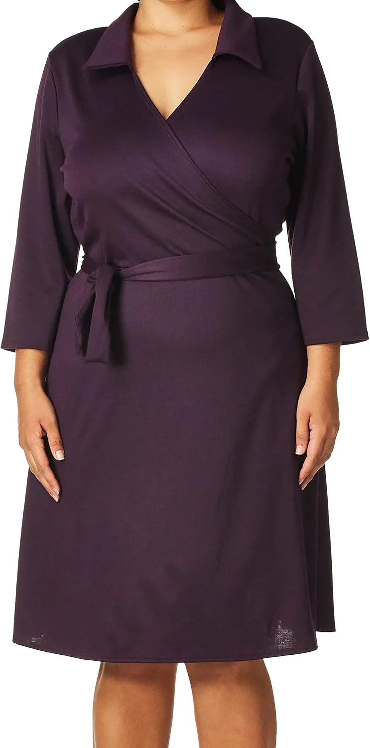 Star Vixen Women's Three-Quarter Sleeve Faux-Wrap Dress with Collar