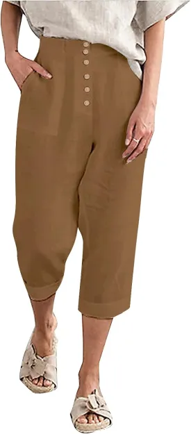 SVALIY Summer Cotton Linen Cropped Wide Leg Pants Capris Women Ladies Casual Loose Palazzo Pant Work Elastic Pocket