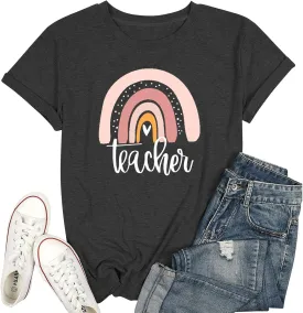 Teach T Shirt Women Teacher Love Inspire Shirts Funny Letter Short Sleeve Graphic Tees Teacher Gift Tops