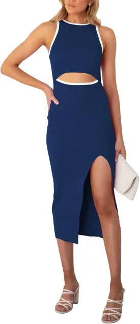 TOLENY Women's Midi Bodycon Dress Casual Crew Neck Regular Fitted Summer Cutout Dress