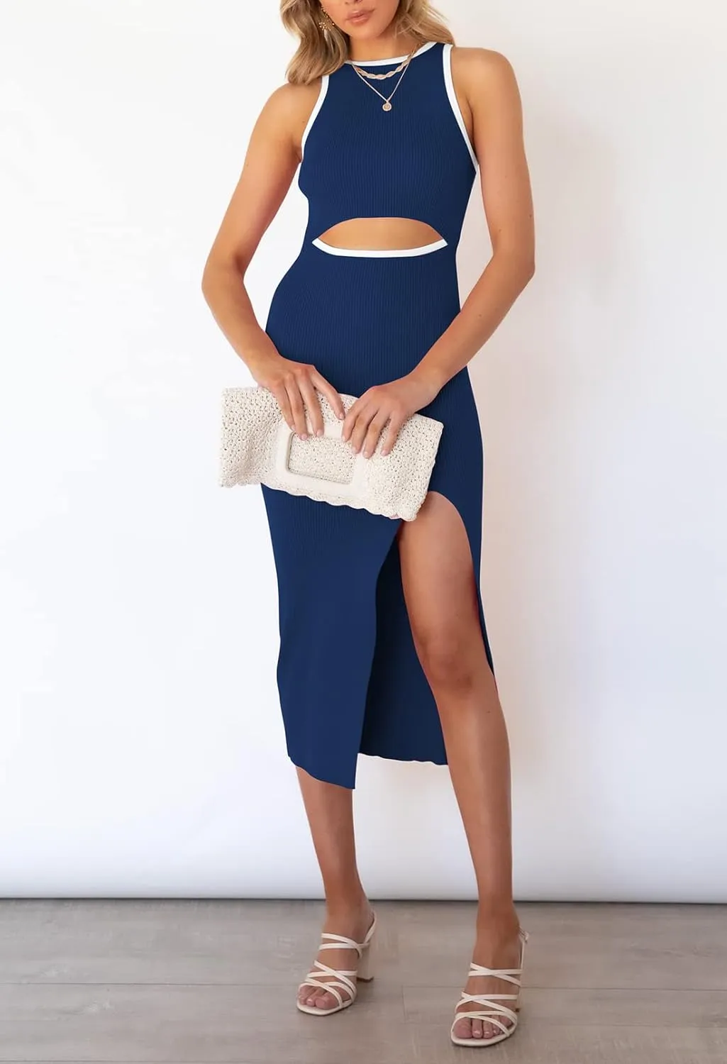 TOLENY Women's Midi Bodycon Dress Casual Crew Neck Regular Fitted Summer Cutout Dress