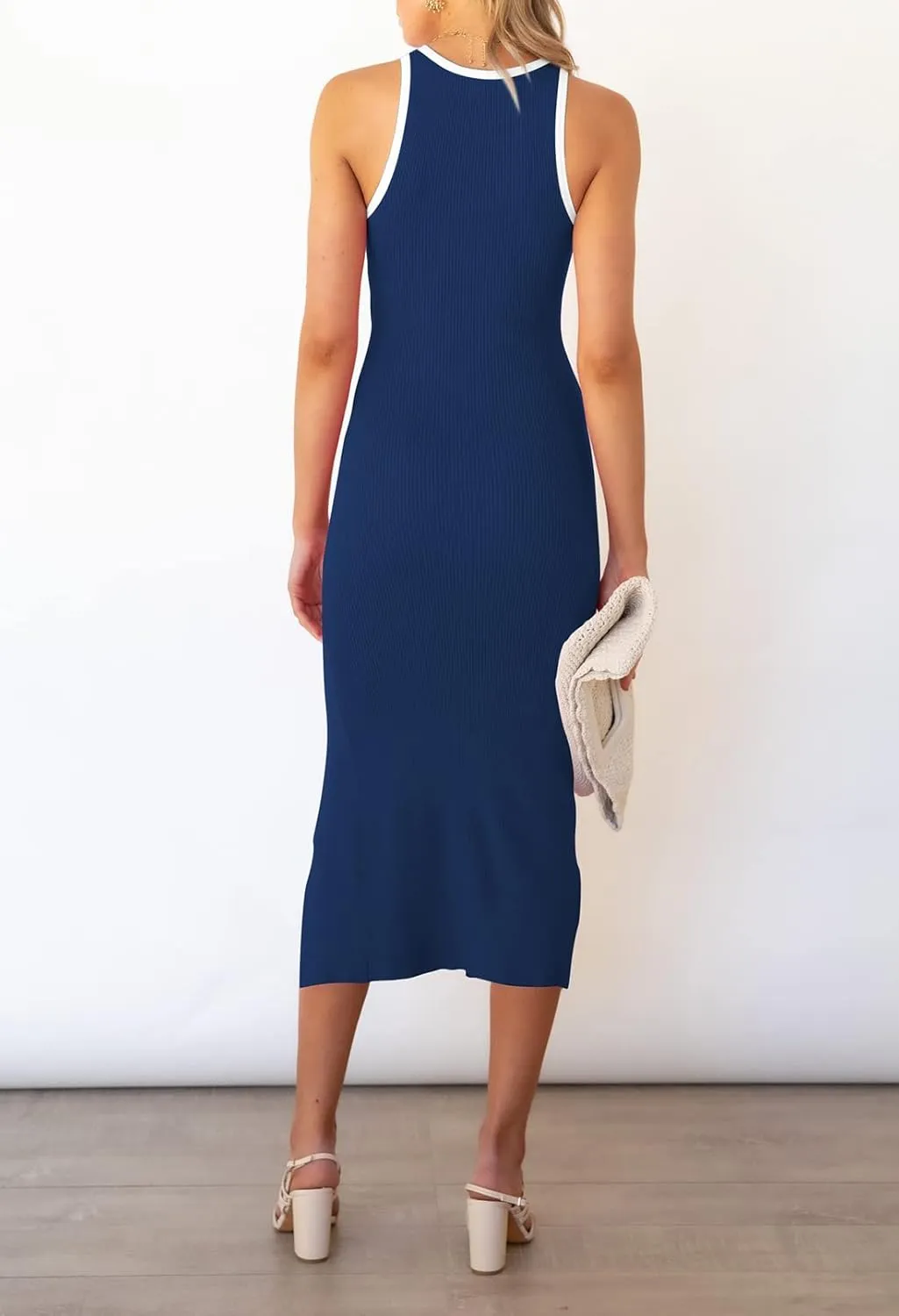 TOLENY Women's Midi Bodycon Dress Casual Crew Neck Regular Fitted Summer Cutout Dress