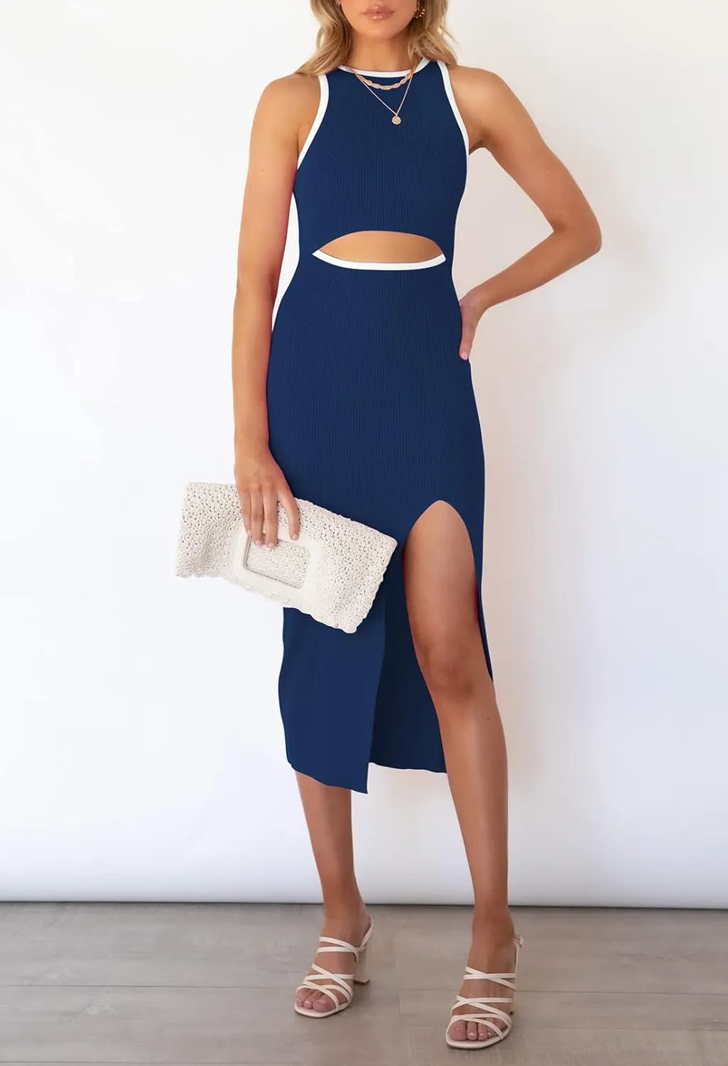 TOLENY Women's Midi Bodycon Dress Casual Crew Neck Regular Fitted Summer Cutout Dress